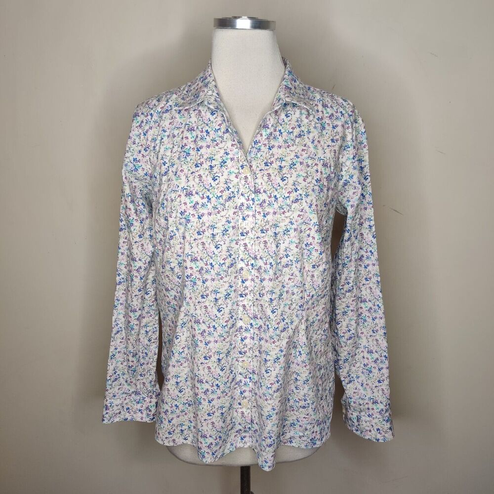 Women's Floral Button-Up Shirt - White with Blue & Pink Floral